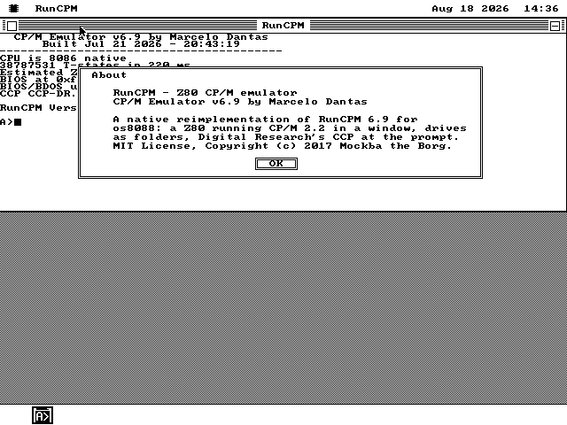 A small About box over the CP/M window naming RunCPM, its version, its author Marcelo Dantas, what this port is, and the MIT licence.