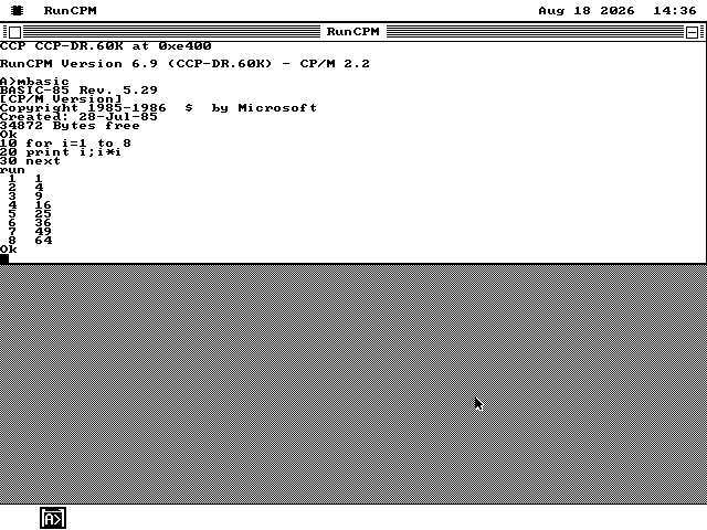 Microsoft BASIC-80 running in the CP/M window, with a three-line program typed in and its output: the numbers one to eight and their squares.