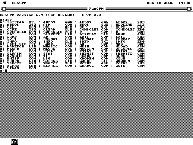 The CP/M window showing the output of a DIR command: four columns of eight-character file names with three-letter extensions, filling most of the terminal.
