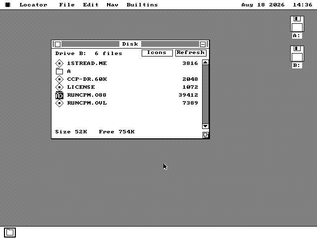The os8088 file window open on drive B, listing 1STREAD.ME, a folder called A, CCP-DR.60K at 2,048 bytes, LICENSE, RUNCPM.O88 at 39,412 bytes and RUNCPM.OVL at 7,389 bytes.