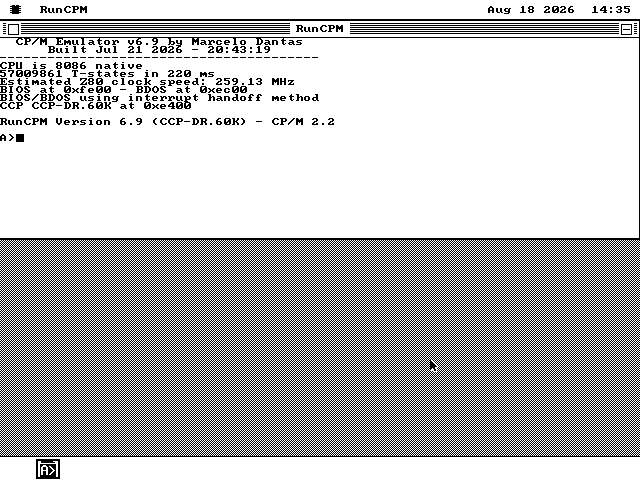 An os8088 window filling the top of the screen with a CP/M boot banner in it, ending in an A greater-than prompt with a block cursor.