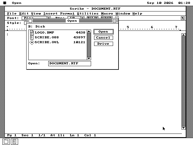 An Open dialog over the Scribe document, listing LOGO.BMP, SCRIBE.O88 and SCRIBE.OVL on drive B with their sizes, and an Open button beside the list.