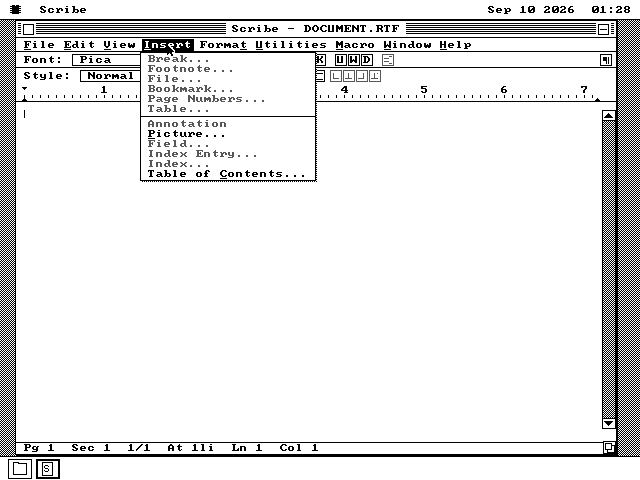 Scribe's Insert menu open, listing Break, Footnote, File, Bookmark, Page Numbers, Table, Annotation, Picture, Field, Index Entry, Index and Table of Contents. Most items are drawn in grey; Picture is black.