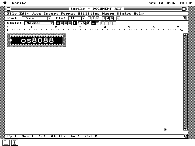 Scribe filling the os8088 screen with a document open. At the top of the page is a bitmap picture of a chip with os8088 written across it, placed in the text. Above the page are the menu bar, the font and size controls and the ruler.