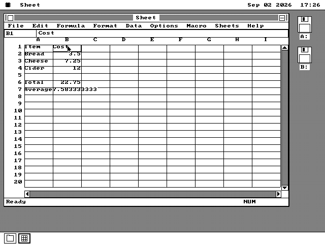 Sheet running on os8088. A small budget: Item and Cost columns holding Bread 3.5, Cheese 7.25 and Cider 12, then a Total row reading 22.75 and an Average row reading 7.583333333. Above the grid is a reference box reading B1 and a formula bar reading Cost; below it a status line reading Ready.