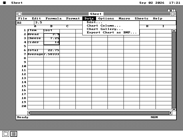 Sheet with the Data menu pulled down, showing four commands: Sort, Chart Column, Chart Gallery, and Export Chart as BMP. Three cells in column B are selected behind the menu.