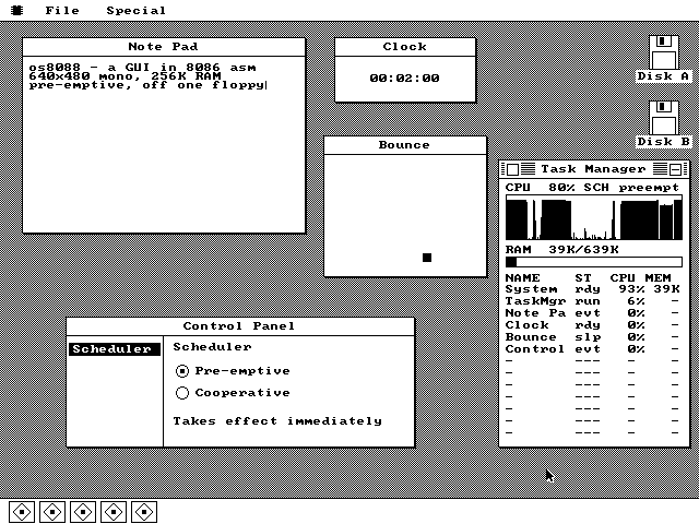 The os8088 desktop: a menu bar across the top, a Note Pad window with typed text, a Clock reading 00:02:00, a Bounce window, the Control Panel showing a pre-emptive/cooperative choice, and the Task Manager with a CPU history graph -- five programs running at once, with a tile for each in the dock along the bottom.