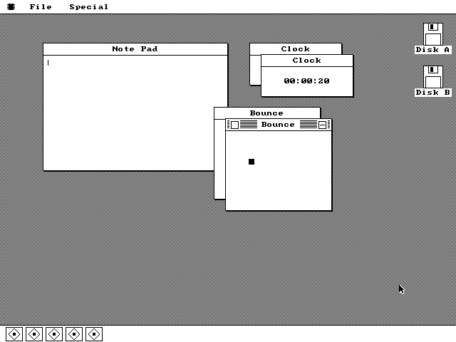 Five overlapping os8088 windows on a dithered gray desktop: an empty Note Pad, two cascaded Clock windows with the front one reading 00:00:20, and two cascaded Bounce windows with a black square inside the front one. Two floppy drive icons sit at the right edge and five tiles fill the dock along the bottom.