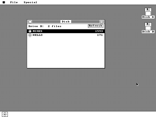 A Disk window headed Drive B: 2 files with a Refresh button at the top right. Two rows below it: MINES, 1593 bytes, with a small mine icon, drawn white on a black selection band, and HELLO, 171 bytes, with a generic application icon.