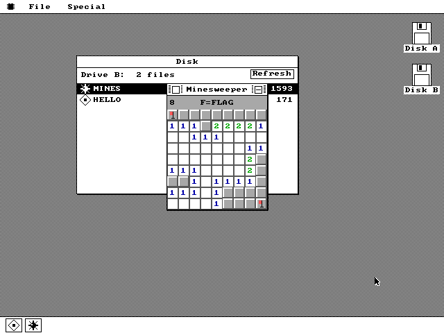 The Disk file manager listing MINES and HELLO, with a Minesweeper window open on top showing a partly revealed 9 by 9 grid with colored numbers and red flags.