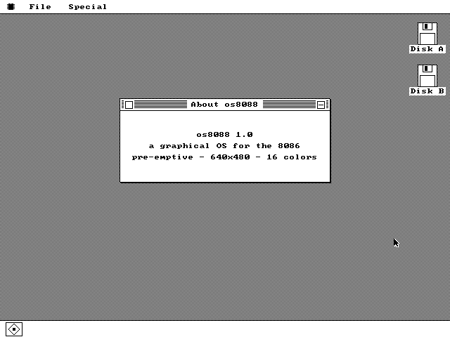 A small centered window titled About os8088 containing three centered lines: os8088 1.0; a graphical OS for the 8086; pre-emptive - 640x480 - 16 colors.