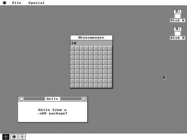 A Minesweeper window with a gray 9 by 9 grid of unopened cells and a counter reading 10, and below it a smaller window titled Hello reading 'Hello from a .o88 package!'. Three tiles sit in the dock, the leftmost drawn inverted because the Disk window that loaded them is minimized.