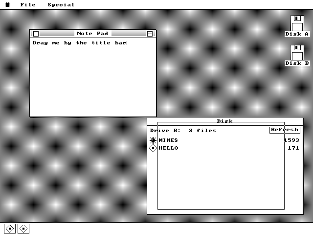 A Note Pad window reading 'Drag me by the title bar' with a hollow one-pixel rectangle the same size as the window offset down and to the right of it, drawn straight over the Disk window underneath, which lists MINES at 1593 bytes and HELLO at 171 bytes.