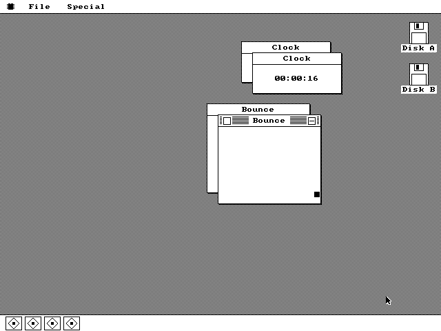 Two Clock windows counting up and two Bounce windows with squares moving around inside them, all animating at the same time.