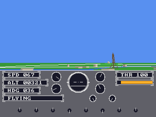 The view from the aeroplane in flight, banked slightly left: blue sky over a green horizon with the Eiffel Tower ahead and the runway below. The panel reads speed 067, altitude 00321, heading 036, throttle 100 and the word FLYING.