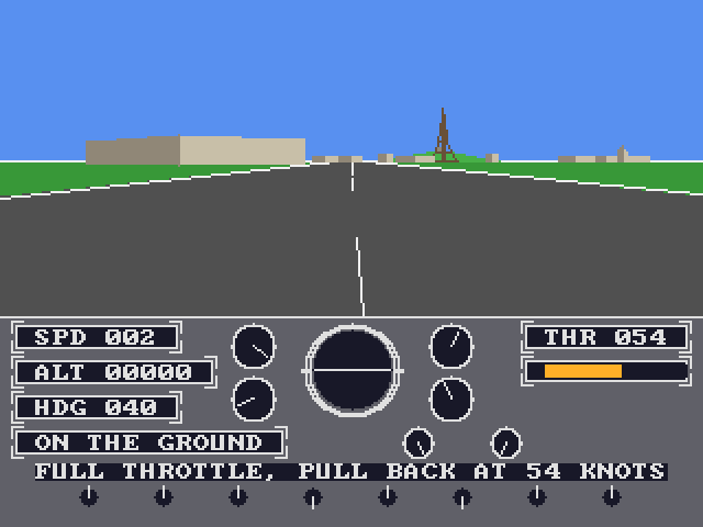 The view from an aeroplane on the runway at Paris-Issy, filling the screen: blue sky, green ground, a grey runway with white markings running to the horizon, hangars to the left and the Eiffel Tower in the distance. Below is an instrument panel reading speed, altitude and heading, with the message FULL THROTTLE, PULL BACK AT 54 KNOTS.