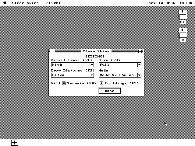 The Clear Skies settings window: Detail Level with a function key F1, Draw Distance F2, Size F3, a Mode list reading Mode X 256 col, and tick boxes for filling terrain F4 and buildings F5, with a Done button.