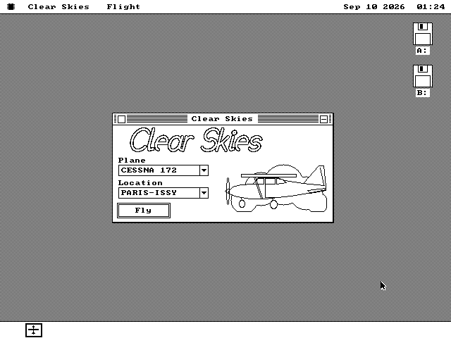 The Clear Skies launcher window on the os8088 desktop: the title in script lettering, a Plane list reading CESSNA 172, a Location list reading PARIS-ISSY, a Fly button, and a line drawing of a Cessna beside them.