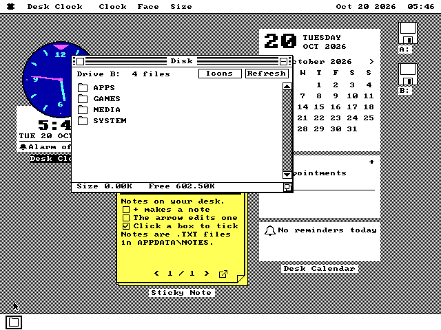 The os8088 desktop with three Sticky Apps on it: a round blue clock at the top left, a yellow sticky note in the middle and a white calendar for October 2026 down the right. A Disk window listing four folders sits over part of all three. The menu bar reads Desk Clock, Clock, Face and Size.