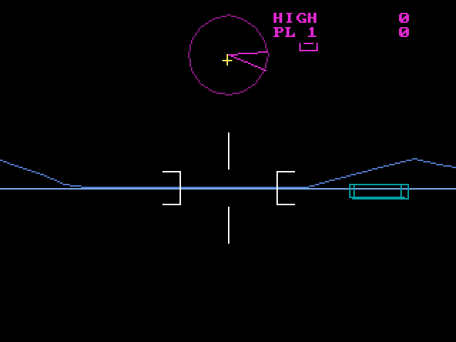 Tank Attack after turning: the hills along the horizon have moved to different positions, the radar sweep has rotated, and the obstacle now sits further right. One life remains.