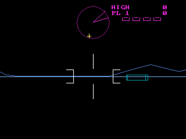 Tank Attack in play, filling the whole screen. A blue horizon line runs across the middle with low hills on it, a white gunsight is centred, a magenta radar circle with a sweep arm sits above, the score reads HIGH 0 and PL 1 with four lives, and a cyan wireframe block stands to the right of the gunsight.