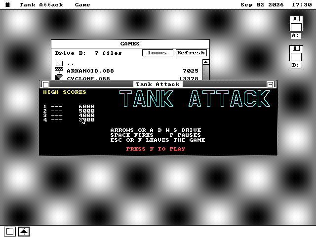 The Tank Attack title screen inside a window on the os8088 desktop. The words TANK ATTACK are drawn in cyan outlined letters, a green HIGH SCORES table lists four entries, white text reads ARROWS OR A D W S DRIVE, SPACE FIRES, P PAUSES, ESC OR F LEAVES THE GAME, and magenta text reads PRESS F TO PLAY.