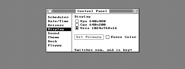 The Control Panel's Display page listing three choices: Vga 640x480, Cga 640x200 and Vesa 1024x768x16, with the Vesa row selected, a Set Primary button and a Force Color box.