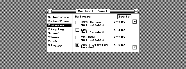 The Control Panel's Drivers page: USB Mouse, EMS and CD-ROM unticked and Not loaded, and VESA Display ticked and Loaded, about 8K.