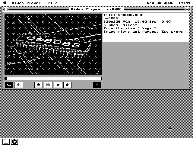 The Video Player window widened, with a card beside the picture reading: File: OS8088.V88, os8088, 320x200 VGA 15.00 fps 0:07, 6 KB/s silent, From the start; keys 2, and Space plays and pauses; Esc stops.