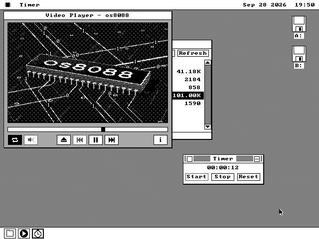The os8088 desktop in black and white. A window titled Video Player - os8088 shows a chip with os8088 written on it, sitting on a circuit board with 1s and 0s along its traces, over a scrub bar and a row of buttons with Pause showing. Below it a Timer window reads 00:00:12, and a Disk window sits behind them.