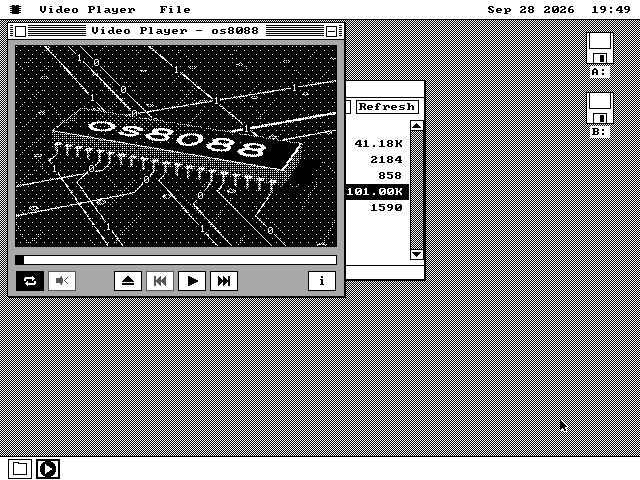 The Video Player window at the top left of the desktop, titled Video Player - os8088. It shows the finished logo, a chip labelled os8088 on a circuit board, above a scrub bar and a row of buttons: repeat, mute, eject, previous, play, next and i.