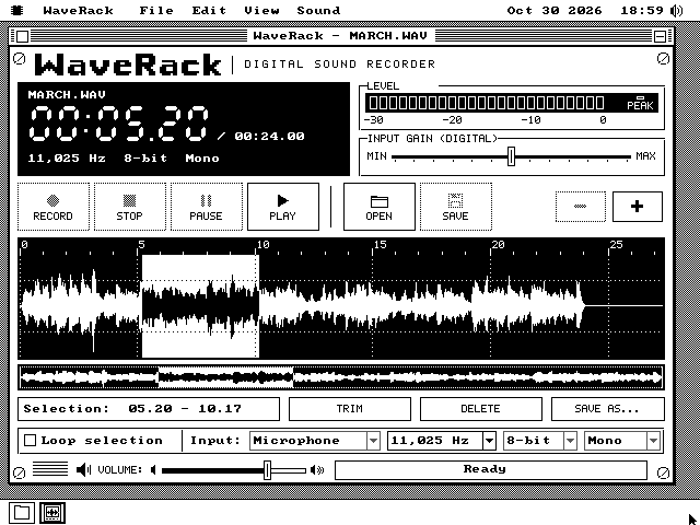 WaveRack in its black-and-white theme with MARCH.WAV open: a white faceplate with black rules, a black LCD with white digits, an outlined meter, and a white waveform on black. The selection from 5 to 10 seconds is drawn inverted, black on white. Greyed keys have dotted frames and dotted pictures.