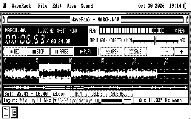 WaveRack in black and white on a CGA screen, in its compact layout filling the width. A black LCD strip reads MARCH.WAV, 00:06.53 of 00:24.00, 11,025 HZ 8-BIT MONO, beside a PLAY meter and the input gain slider. A row of short keys with Stop, Pause and Play solid and Play latched black, the white waveform on black with the selection from 5 to 10 seconds inverted, the overview strip, a row reading Sel: 05.43 - 10.40 with Loop ticked, and a last row of drop-down lists, a VOL slider and the status Out 11,025 Hz mono.