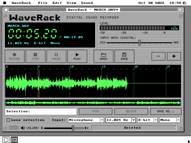 WaveRack after the selection was deleted. The title bar reads WaveRack - MARCH.WAV with an asterisk, the LCD's length reads 00:19.03, the waveform now ends before the 20-second mark, the yellow cursor stands at 5 seconds where the cut was, SAVE is no longer greyed, and the status bar reads Deleted.