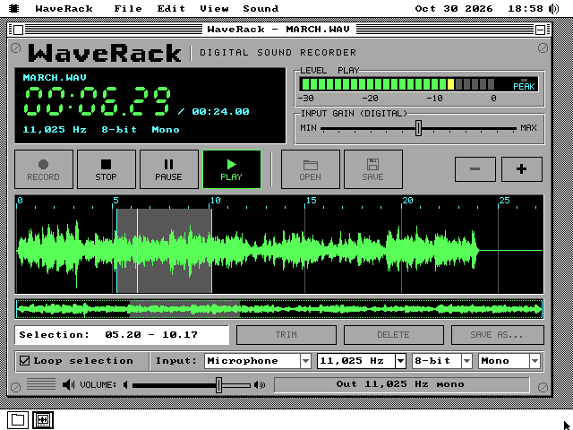 WaveRack playing MARCH.WAV with a selection from 5 to 10 seconds shown as a dark grey band with cyan edges across the waveform, and its extent marked in the overview strip. The Selection field reads 05.20 - 10.17, the Loop selection box is ticked, the LCD reads 00:06.29 and the LEVEL PLAY meter is lit.