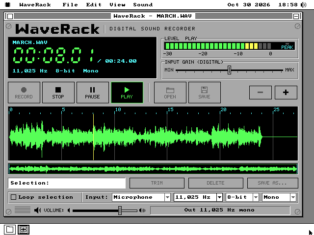 The WaveRack window on VGA, drawn as a grey piece of studio equipment with a WaveRack Digital Sound Recorder logo. A black LCD reads MARCH.WAV, 00:08.01 in large green segment digits, a length of 00:24.00, and 11,025 Hz 8-bit Mono. Beside it a LEVEL PLAY meter is lit green to yellow, above an INPUT GAIN slider. Below are RECORD, STOP, PAUSE and PLAY keys with Play lit green, OPEN and SAVE keys, and minus and plus keys. The waveform of the march fills a black panel with a ruler from 0 to 25 seconds and a yellow playhead at 8 seconds, with an overview strip under it. The status bar reads Out 11,025 Hz mono.