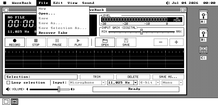 The whole Hercules screen in black and white, with WaveRack's medium layout and its File menu open: New, Open..., Save, Save As... and Save Selection As... with the save items greyed, and Recover Take at the bottom, not greyed. Drive icons for A:, B: and C: are at the right edge.