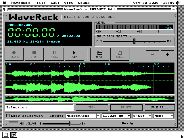 WaveRack with PRELUDE.WAV open. The LCD reads 00:00.00, a length of 00:03.00, and 11,025 Hz 16-bit Stereo. The waveform panel has two lanes, L above R, each showing three seconds of piano with a ruler from 0.0 to 3.0.