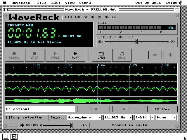 PRELUDE.WAV zoomed in fully. The ruler runs from 1.62 to 1.66 seconds, and both lanes show smooth wavy lines, the left channel's small and the right one's larger, with the yellow cursor at 1.63 seconds. The overview strip marks a sliver of the whole file. The plus key is greyed and the status bar reads Zoomed in fully.