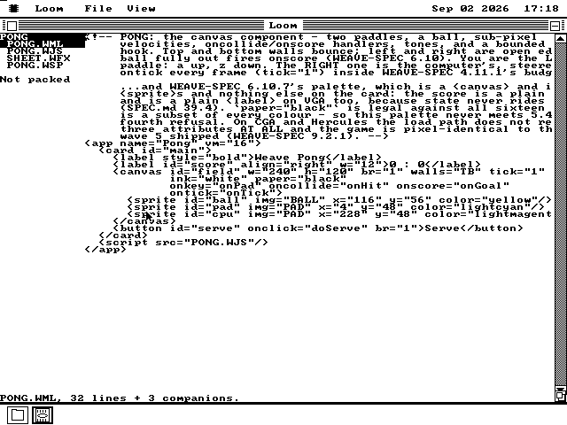 Loom on the os8088 desktop, editing PONG.WML. A sidebar on the left lists the project's files -- PONG.WML, PONG.WJS, SHEET.WFX, PONG.WSP -- and says Not packed. The editor pane shows the markup for a Pong game: an app element, a card, labels, a canvas with three sprites, and a button.