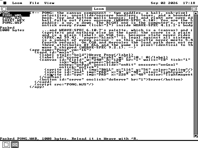 Loom after building the Pong project. The sidebar now reads Packed, 1008 bytes, and the line along the bottom of the window says: Packed PONG.WAB, 1008 bytes. Reload it in Weave with control R.
