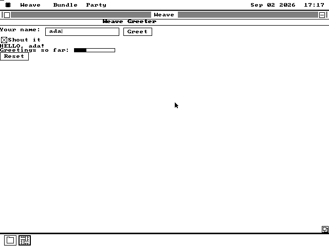 The Weave Greeter example running: a text box containing the word ada, a Greet button, a ticked Shout it check box, the line HELLO, ada! below them, and a progress meter three tenths full labelled Greetings so far.