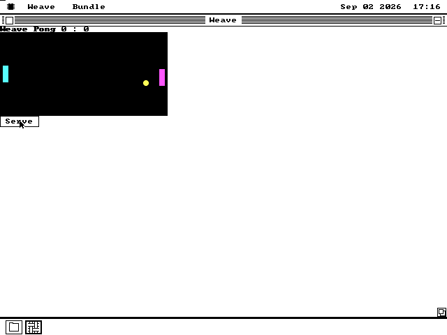 The Weave Pong example running in colour: a black playing field with a cyan paddle on the left, a magenta paddle on the right, a yellow ball in flight, a score reading 0 : 0 and a Serve button.