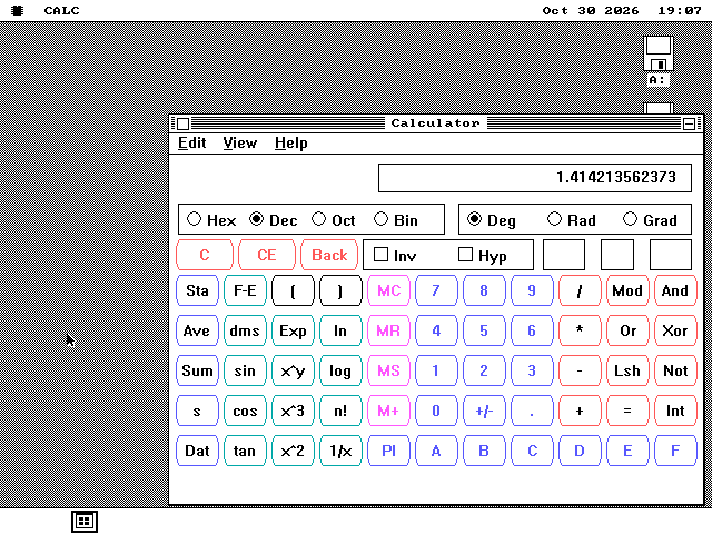 Windows 3.1's Calculator in its Scientific view on the os8088 desktop. The display reads 1.414213562373. Below it are Hex, Dec, Oct and Bin buttons, Deg, Rad and Grad buttons, and rows of rounded keys in red, blue, cyan and magenta, including sin, cos, tan, log and x^y.