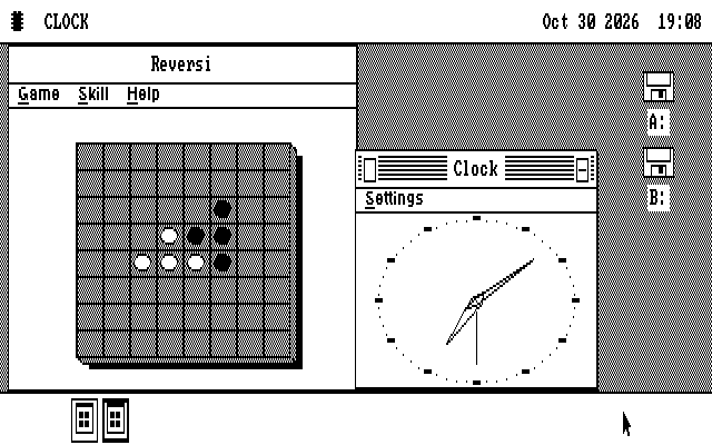 The os8088 desktop in black and white at CGA resolution. Reversi on the left shows its board in a grey dither with white and black discs. Clock on the right shows an analog face. Both use a smaller, narrower font for their titles and menus.