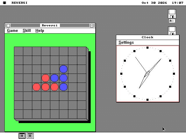 Two windows on the os8088 desktop. On the left, Reversi: a green window with Game, Skill and Help menus and an 8 by 8 board in perspective holding red and blue discs. On the right, Clock: an analog face with hour marks and three hands, under a Settings menu.