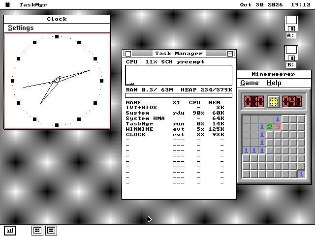 Clock at the top left, Minesweeper at the right with a game in progress, and os8088's Task Manager in the middle. The Task Manager's list includes WINMINE using 125K and CLOCK using 93K.