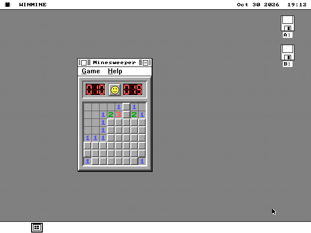 The os8088 desktop with a window titled Minesweeper. It has Game and Help menus inside the window, two red LED counters either side of a yellow smiling face, and an 8 by 8 board with an open area of blue and green numbers in its top-left corner.