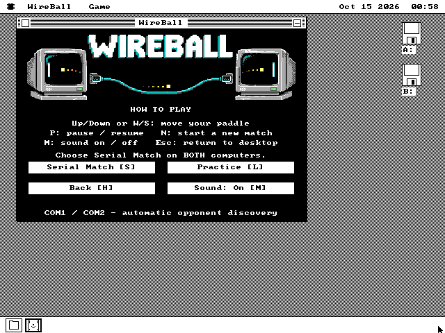 The WireBall window with its How to Play page: the keys to move, pause, start a new match, turn the sound off and return to the desktop, and the line Choose Serial Match on BOTH computers.