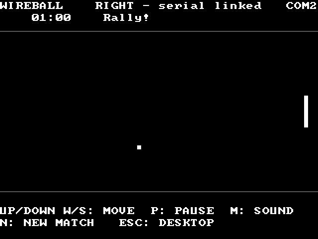 The same moment on the other PC: RIGHT - serial linked and COM2 across the top, the score 01:00, the ball in the lower middle of the court and a white paddle at the right edge.